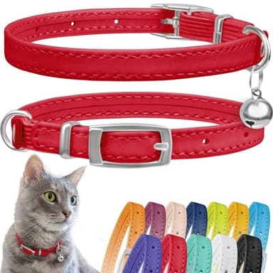 CollarDirect Leather Cat Collar with Bell - Kitten Collar, Small and Big Cat for Boy Cats, Girl Cats with Safety Elastic Strap (Neck Fit 8"-11", Red) - Image 1