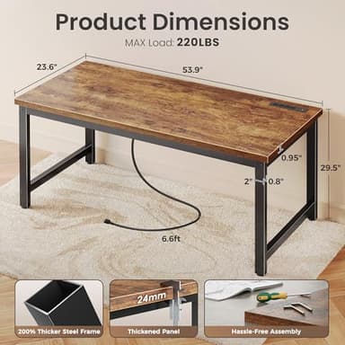 Huuger 55 x 24 inch Desk with Power Outlets & USB-C, Deeper & Thicker Desktop, Robust Metal Tubes, Computer Desk, Heavy Duty Office Desk, Work Gaming Desk for Home Office, Rustic Brown - Image 2