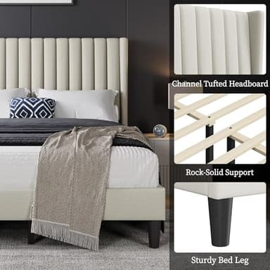 Yaheetech Full Bed Frame Upholstered Platform Bed with Fabric Headboard, Wing Edge Design/Non-Slip and Noise-Free/Wooden Slats Support/No Box Spring Needed/Easy Assembly, Ivory Full Bed - Image 4
