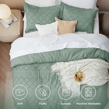 Bedsure Full Comforter Set - Green Comforter, Boho Tufted Shabby Chic Bedding for Kids, 3 Pieces Vintage Farmhouse Bed Set for All Seasons, Fluffy Soft Bedding with 2 Pillow Shams - Image 3