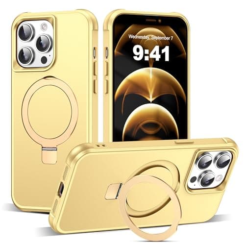 SKYLMW Compatible with iPhone 12 Pro Max Case & iPhone 13 Pro Max Case 6.7" with Magnetic O-Ring Stand [Compatible with Mag-Safe][Great Grip Feeling], Gold - Image 1