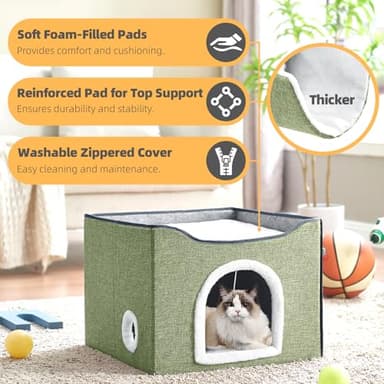 Purr&Knead Cat Bed for Indoor Cats with Large Replaceable Scratch Pad, Cat Cave with Hanging Toy Ball, Foldable Cat Hideaway, Covered Cat Bed Cave for Cat House(Green) - Image 4