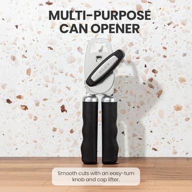 Zulay Kitchen Heavy Duty Stainless Steel Can Opener Manual with Bottle Opener - Rust Proof Manual Can Opener With Turn Knob & Comfy Soft Grip Handles - Black - Image 2
