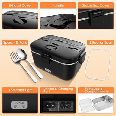 COZYEXPERT Electric-Lunch-Box-Heated-Food-Warmer 100W Heating Lunchbox for Adults 1.8L Portable Food Heater for Work/Car, 12V/24V/110-230V Lonchera Eléctrica Portátil with Fork Spoon (Black) - Image 6