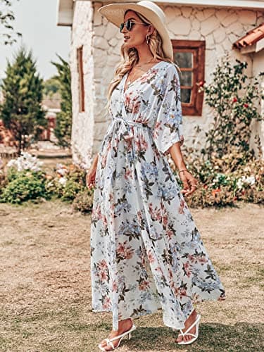 ANRABESS Women’s Summer Loose Boho Flowy Wrap V Neck 3/4 Sleeve Floral Print Slit Beach Wedding Guest Long Maxi Dresses White Flor X-Large - Image 3