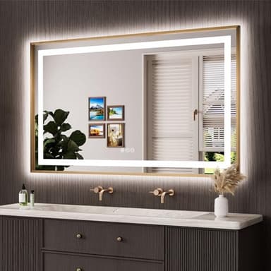 Amorho 60"x 36" Gold LED Bathroom Mirror, Metal Framed Mirror with Front Light and Backlit, Stepless Dimmable, Anti-Fog, Shatter-Proof, Memory, 3 Colors - Image 1