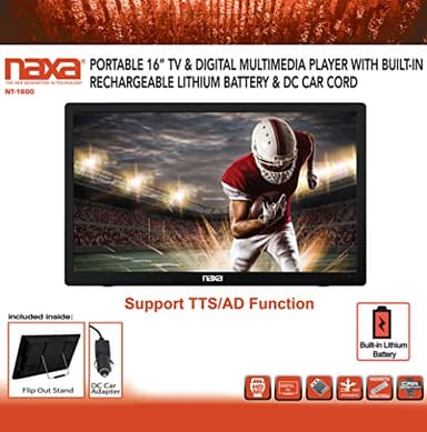 Naxa Electronics NT-1600 Portable 16-inch TV and Digital Multimedia Player with Built-in ATSC Tuner for Over-The-Air HD TV, USB Support, Rechargeable Lithium Battery, AC Power, and DC Car Cord, Black - Image 7