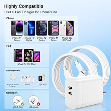 iPhone 14 13 Charger 10 ft, [Apple MFi Certified] Dual Port USB C Charger Block Adapter with Type C to Lightning Cord, iPhone Fast Charging Cable for iPhone 14/14 Pro/14 Pro Max/13/12/11/XS/SE,iPad - Image 2