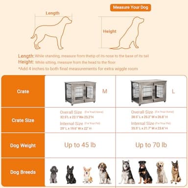 Lulive Dog Crate Furniture for Medium Dogs, 32'' Dog Kennel Indoor with Cushion & Wheels Wooden Dog Cage Double Doors Dog Crate End Table, Grey - Image 6