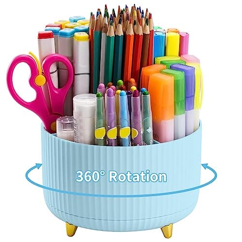 Marbrasse Desk Organizer, 360-Degree Rotating Pen Holder, Desk Organizers and Accessories with 5 Compartments Pencil Holder, Art Supply Storage Box Caddy for Office, Home（Light Blue） - Image 1