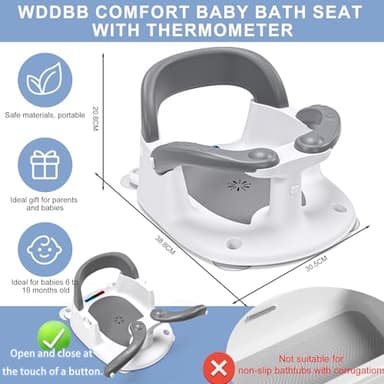 Wddbb Baby Bath seat for Babies 6 Months & up, 360° Stable Toddler Bath Chair with one-Touch Button, Back Hollow Design, Water Temperature Card & 4 Suction Cups for Safety (Gray) - Image 5
