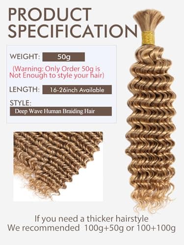12A #27 Honey Blonde Human Braiding Hair for Boho Braids 1 Bundle 18 Inch 50g Deep Wave Braiding Hair for Bohemian Knotless Braids 100% Unprocessed Virgin Bulk Hair Extensions No Weft - Image 4