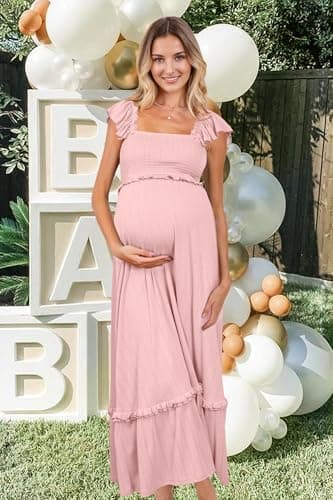 OUGES Womens 2025 Summer Maternity Baby Shower Dress Casual Boho Maxi Smocked Maternity Photoshoot Dresses Ruffle Sleeve Square Neck Gender Reveal Long Dress Pregnancy Must Have Clothes (Pink,L) - Image 6