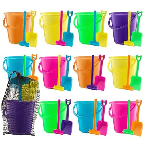 Mini 4.5-Inch Beach Buckets for Kids - (12 Pack) Sand Buckets and Shovels w/Rakes & Mesh Bags - Small Beach Pails - Sturdy Unbreakable Plastic - Beach Party Favors & Giveaways for Toddlers Ages 3-6 - Image 1