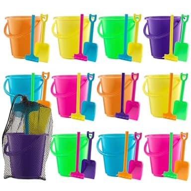 Mini 4.5-Inch Beach Buckets for Kids - (12 Pack) Sand Buckets and Shovels w/Rakes & Mesh Bags - Small Beach Pails - Sturdy Unbreakable Plastic - Beach Party Favors & Giveaways for Toddlers Ages 3-6 - Image 1