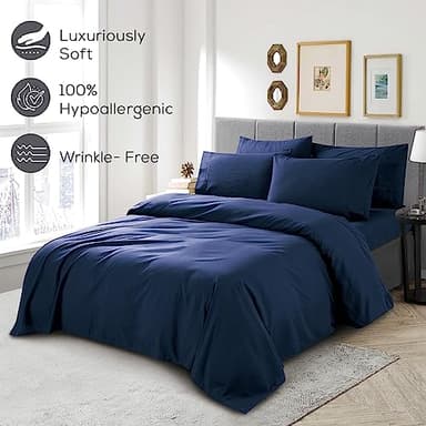 Mueller UltraTemp King Size Sheets Set – 6 Piece Premium Bedding, Silky Soft 1800 Thread Count, Cooling, Deep Pocket up to 16", Breathable Heat Transfer, Wrinkle-Resistant & Hypoallergenic, Navy - Image 5