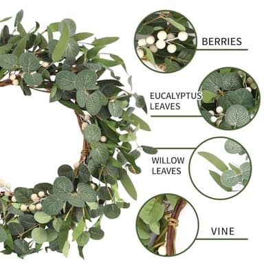 CEWOR 20in Eucalyptus Wreath for Front Door Spring Wreath for Farmhouse Front Porch Home Window Decor - Image 3