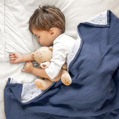 lulumoon Muslin Baby Blanket - Cotton Quilt Blankets for Toddlers - Reversible Nursery Crib Blanket for Baby Boys and Girls 47"x47"(Blue) - Image 2