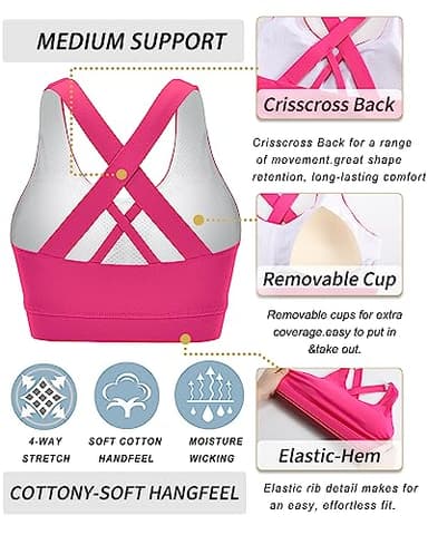 RUNNING GIRL Sports Bra for Women, Criss-Cross Back Padded Strappy Sports Bras Medium Support Yoga Bra with Removable Cups(2353 Hot Pink XL) - Image 6