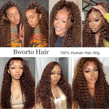 Bworto 30 Inch Chocolate Brown Deep Wave Lace Front Wigs Human Hair 13x6 Hd Curly Lace Frontal Wigs for Black Women Pre Plucked Wet and Wavy Glueless 4# Brown Color - Image 6
