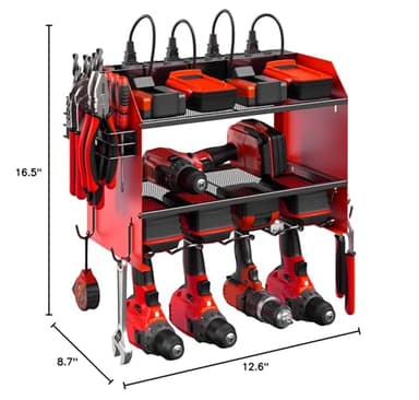 CCCEI Modular Power Tool Organizer Wall Mount with Charging Station. Garage 4 Drill Storage Shelf with Hooks, Screwdriver, Drill Bit Heavy Duty Rack, Tool Battery Holder Built in 8 Outlet Power Strip. - Image 9