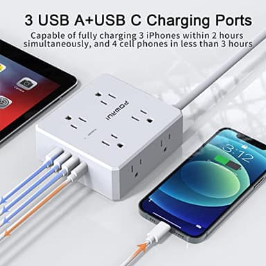 Surge Protector Power Strip - 6 Ft Flat Plug Extension Cord with 8 Widely Outlets and 4 USB Ports(1 USB C), 3 Side Outlet Extender for Home Office, White, ETL Listed - Image 4