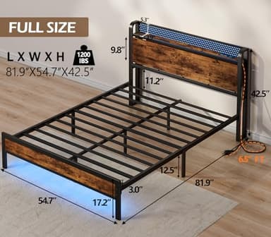 Furnulem Full Bed Frame with LED Lights,Industrial Storage Headboard with Charging Station,USB Port,Under Bed Storage,Wood Platform with Strong Metal Support,No Box Spring Needed, Silent - Image 2