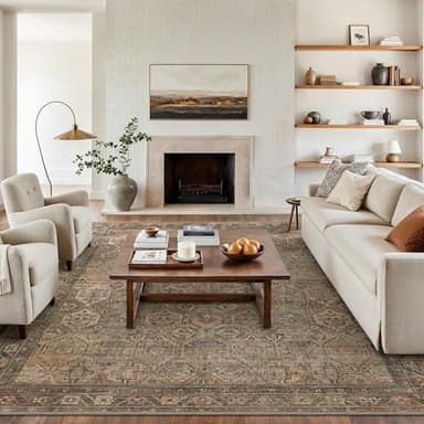 Bavni Washable Rug 9x12 Area Rug for Living Room Bedroom Dining, Washable Vintage Print Carpet, Ultra-Thin Chenille Low Pile Lightweight Rug with Non Slip Backing, Warm Taupe - Image 3