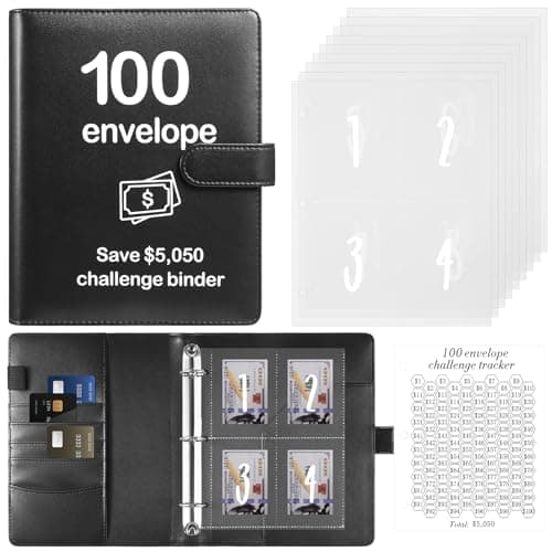 100 Envelopes Money Saving Challenge Binder with Laminated Tracker, Budget Binder with Cash Envelopes, Easy and Fun Way to Save $5,050 (Black) - Image 1