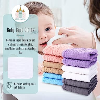 Cute Castle 12 Pack Muslin Burp Cloths for Baby - Ultra-Soft 100% Cotton Baby Washcloths - Large 20'' by 10'' Super Absorbent Milk Spit Up Rags - Burpy Cloths for Unisex, Boy, Girl - Multicolor - Image 3