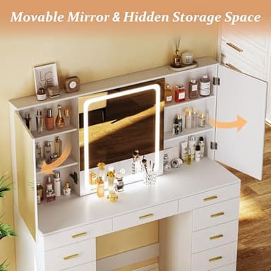 ALEXNUTRE Makeup Vanity Desk with Lights, 47.2" Vanities Desk with 11 Storage Drawers and Hidden Storage Shelves, White Vanity with 3 LED Lighting Modes Adjustable & Charging Stations, for Bedroom - Image 2