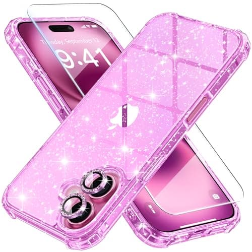 BERFY for iPhone 16 Plus Case Glitter, with 9H Tempered Screen Protector + 2X Diamond Camera Lens Protectors, [Non-Yellowing] Women Clear Sparkly Cute Bling Hard Shockproof Cover 6.7", Shiny Purple - Image 1
