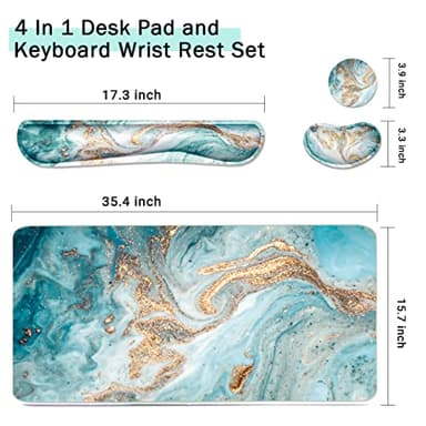 Keyboard Mouse Pad Set, Extended Mouse Pad+Keyboard Wrist Rest Support, Memory Foam Ergonomic Easy Typing, 3Pcs (35.4×15.7 in) Desk Pad Set for Home Office Study Game-Green Marble - Image 2