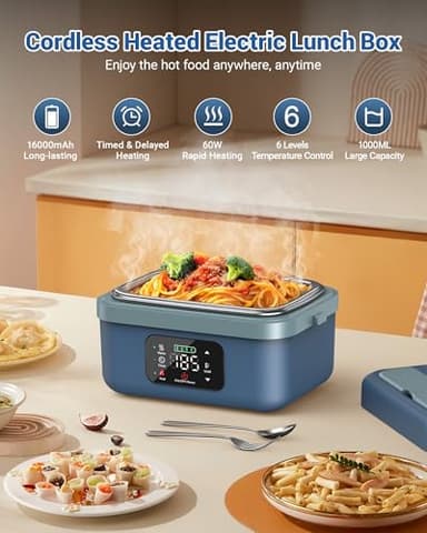 VASG Cordless Electric Lunch Box for Adults, 16000mAh Rechargeable Auto Heated Lunch Box, 1L Portable Self-Heating Food Warmer for Office, Picnic, Car & Outdoor Use - Image 3