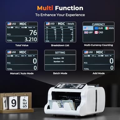 MUNBYN IMC09 Mixed Denomination Money Counter Machine, Value Counting, UV/MG/IR/MT Bill Counter, 3.5" TFT Display Money Counting Machine, USD, EUR, MXN, CAD Cash Counter for Business (White) - Image 5