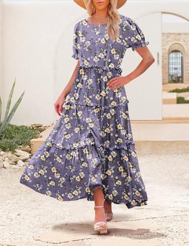 YESNO Summer Casual Bohemian Floral Dresses for Women Puff Short Sleeve Long Maxi Dress with Pockets (S ETX CR08) - Image 3