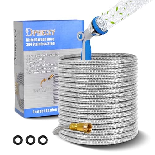 Dphkcey Metal Garden Hose 75FT, Stainless Steel Heavy Duty Water Hose with 10 Function Nozzles, Lightweight and Flexible, Kink Free Sturdy Easy Storage for Yard, Outdoor, RV, Lawn, Car - Image 1