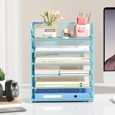Subekyu 6 Tier Office File Paper Desk Tray Organizer with Handle, Stackable Slide Mesh Letter Tray Folder Blue Desk Organizer, Desktop Document Sorter for Classroom, Office, Home Supplies Storage - Image 3