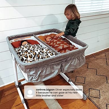 Simmons Kids By The Bed City Sleeper Bassinet for Twins - Adjustable Height Portable Crib with Wheels & Airflow Mesh, Grey Tweed - Image 6