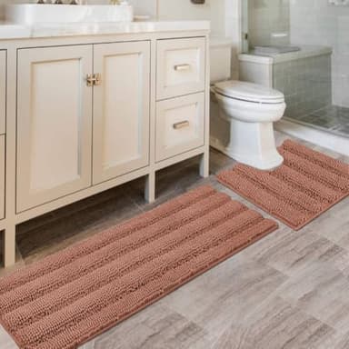 H.VERSAILTEX Bathroom Rugs Bath Rug Set 2 Piece Bathroom Contour Rug Toilet Mat Non Slip Contour Bath Rug Ultra Thick Water Absorbent Striped Bath Mats Washable(47" x 17" Plus 20" x 20" U, Muted Clay) - Image 1