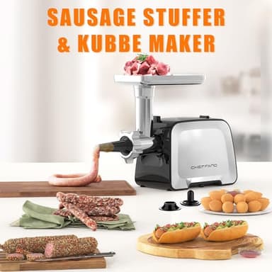 CHEFFANO Life Electric Meat Grinder, Stainless Steel Sausage Stuffer Maker With 2 Blades, 3 Plates, Sausage Tube & Kubbe Kit, [2000W Max] Heavy Duty for Home Use - Image 3