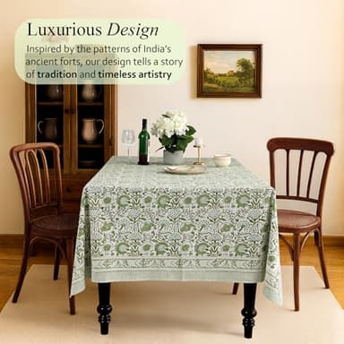 CPC Tablecloth 100% Cotton 60x90 Inch Indian Block Print Rectangle Table Cover, Washable Table Cloth for Weddings, Spring/Summer, Barbeque - Agate Green - Image 2