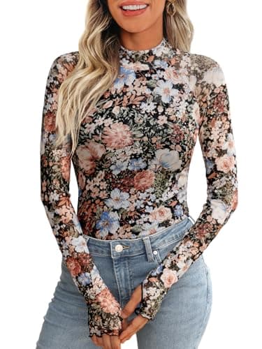Dealmore Lace Sheer Long Sleeve Floral Mesh Mockneck Trendy Cute Going Out Tops for Women Fall Fashion Outfits 2025 Clothes Floral Fierce S - Image 1