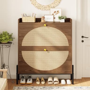 IRONCK Shoe Cabinet Storage with 2 Flip Drawers, Free Standing Wooden Shoe Storage Organizer Cabinet with Rattan Doors for Entryway, Narrow Shoe Rack Cabinet, Walnut - Image 4
