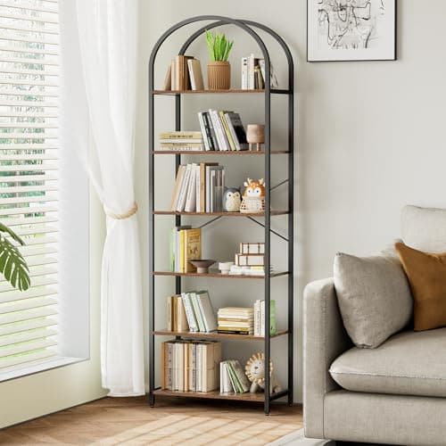 Homhedy 6-Tier Bookshelf Arched Display Racks, Wood and Metal Bookcase, Tall Bookshelf, Industrial Display Standing Shelf Unit, for Home Office, Living Room, Bedroom, Bathroom, Rustic Brown - Image 1