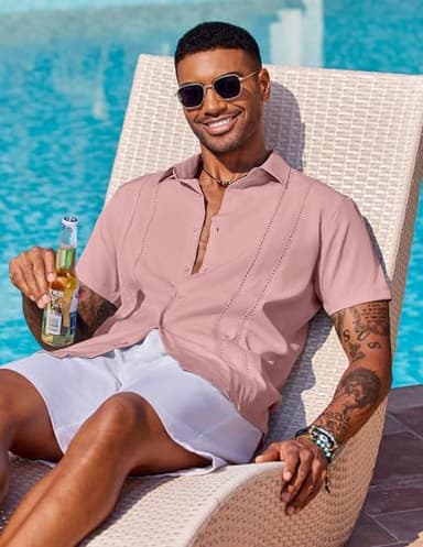 COOFANDY Guayabera Shirts for Men Short Sleeve Button Down Shirts Summer Beach Wear Dusty Pink - Image 3