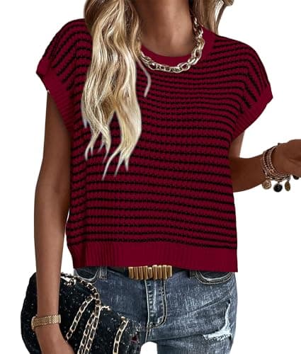 PRETTYGARDEN Womens Short Sleeve Sweater Spring Summer 2025 Round Neck Striped Pullover Cap Sleeve Knit Sweater Vest Tops(Wine Red,Small) - Image 1