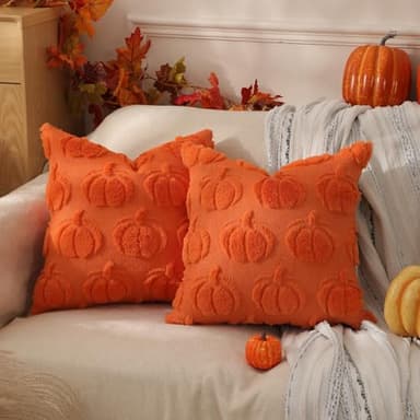 TOYPOPOR Fall Decorations, 2 Packs Double Sided Throw Pillow Covers, Orange Soft Faux Fur Pumpkin Pillow Cases Autumn Harvest Thanksgiving Indoor Outdoor Home Decor for Living Room Porch Couch 20x20 - Image 5
