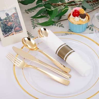 DaYammi 350PCS Clear Gold Plastic Dinnerware Set for 50 Guests, Fancy Disposable Plates for Party, Include: 50 Dinner Plates, 50 Dessert Plates, 50 Pre Rolled Napkins with Gold Silverware, 50 Cups - Image 9