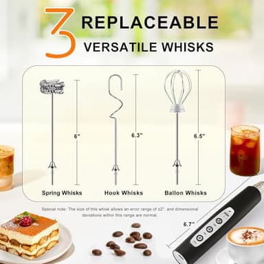 YUSWKO Black Handheld Milk Frother Wand for Coffee, Rechargeable Electric Whisk with 3 Heads 3 Speeds Drink Mixer Coffee Frother For Latte, Cappuccino, Hot Chocolate, Egg - Image 5